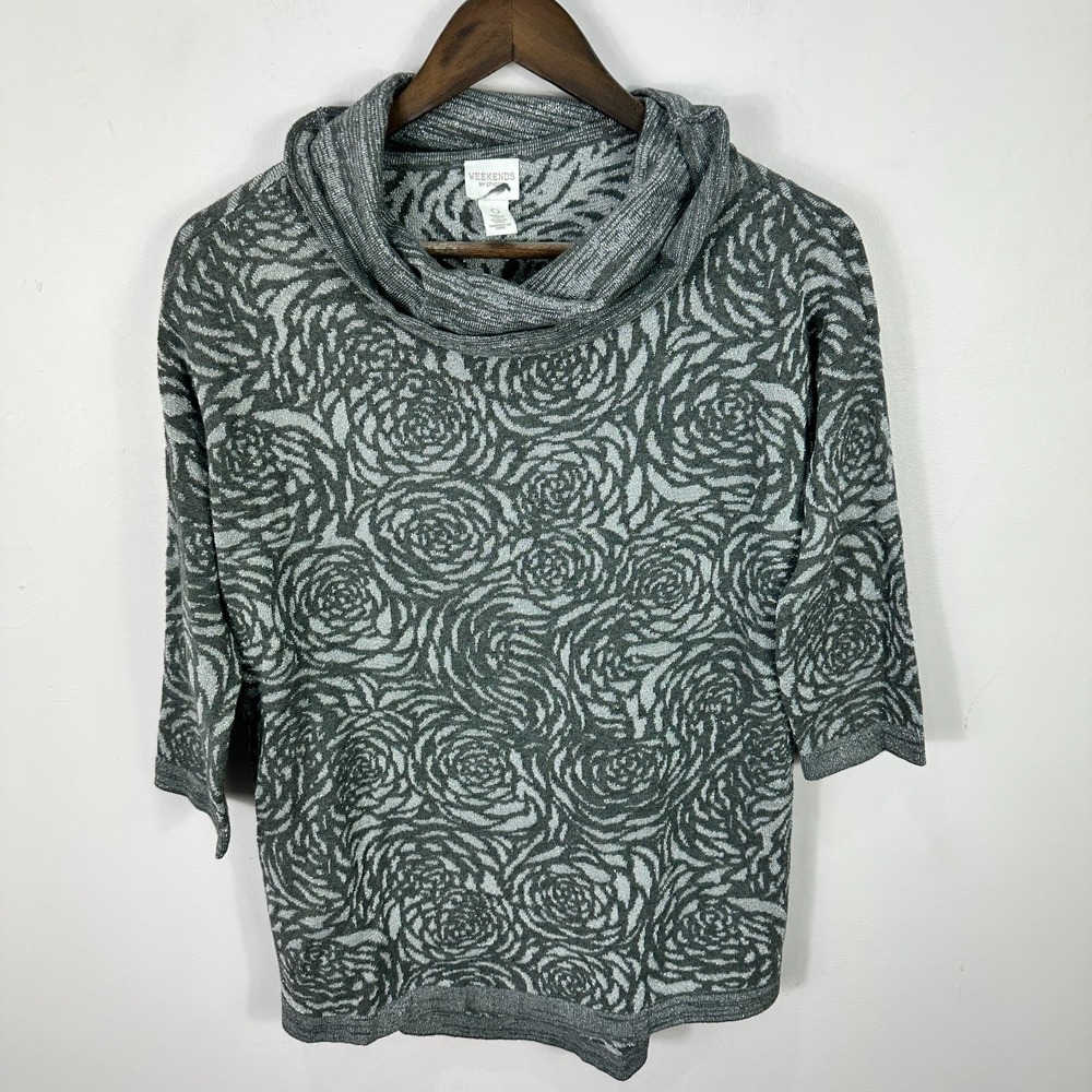 Weekends By Chicos Cowl Neck Tunic Sweater Womens Small Gray Metallic Roses Luxe